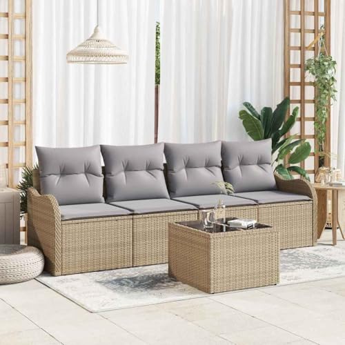 Garten-Sofa-Set aus Poly-Rattan mit Kissen, 5-teilig, Beige und Grau, 55 x 55 x 37 cm, modernes Outdoor-Möbel für Terrasse von Teenpull