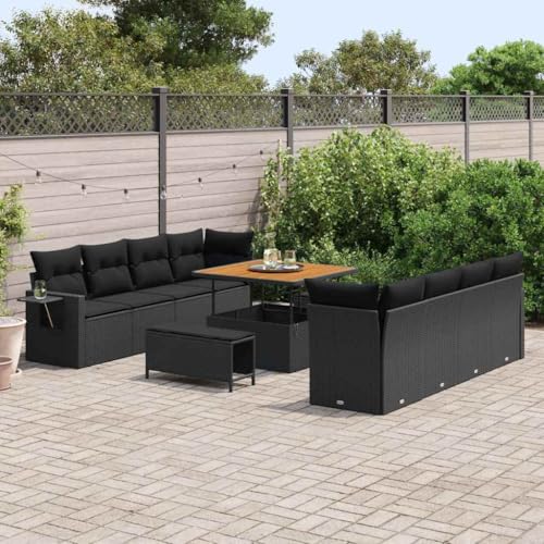 Garten-Sofa-Set mit Kissen, 11-teiliges Poly-Rattan Schwarz, 100x100x71 cm, modulares Outdoor-Sofa für Terrasse & Balkon von Teenpull