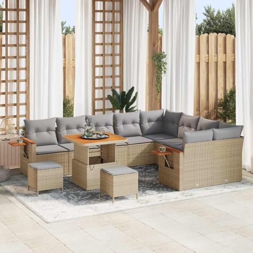 Garten-Sofa-Set mit Kissen, 12-teilig, Beige Poly Rattan, modulares Lounge-Möbel für Terrasse & Balkon, UV-Schutz von Teenpull