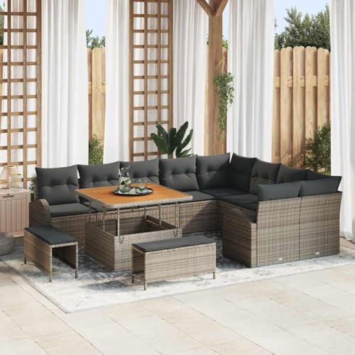 Garten-Sofa-Set mit Kissen, 12-teilig, Grau, Poly-Rattan & Stahl, 100x100x71cm, Outdoor-Möbel für Terrasse & Balkon von Teenpull