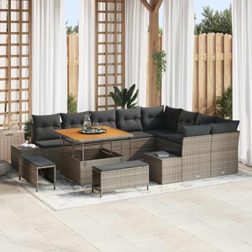 Garten-Sofa-Set mit Kissen, 12-teilig, Hellgrau, Poly-Rattan, modular, wetterfest, für Terrasse, Balkon, gemütliche Lounge von Teenpull