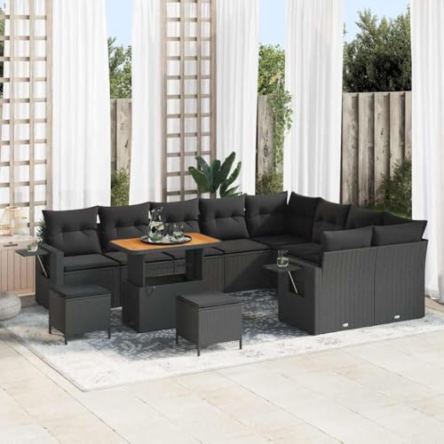 Garten-Sofa-Set mit Kissen, 12-teilig, Schwarz, aus Poly-Rattan und Stahl, 90x55x71 cm, für Outdoor-Garten und Terrasse, UV-beständig von Teenpull