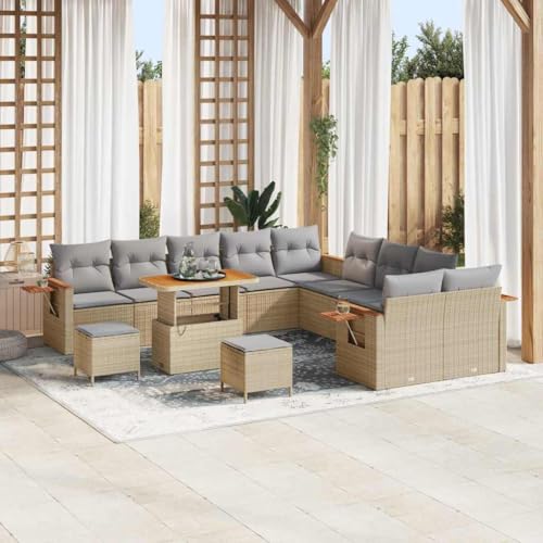 Garten-Sofa-Set mit Kissen, 13-teilig, Beige Poly Rattan, UV-beständiges Loungesofa für Terrasse und Balkon, 10 Sitzplätze von Teenpull
