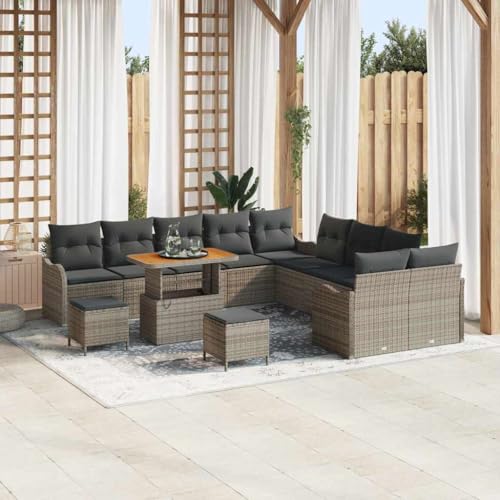 Garten-Sofa-Set mit Kissen, 13-teilig, Grau, 90x55x71 cm, Poly-Rattan & Akazienholz, witterungsbeständig, für Terrasse & Außenbereich von Teenpull