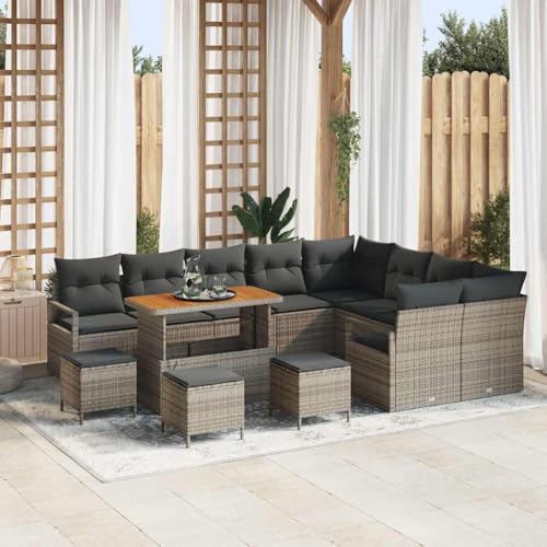 Garten-Sofa-Set mit Kissen, 13-teilig, Grau, aus wetterfestem Poly-Rattan & Stahl, 110x55x71 cm, für Terrasse, Balkon & Garten, modern & langlebig von Teenpull