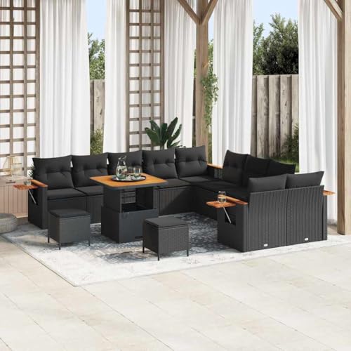 Garten-Sofa-Set mit Kissen, 13-teilig, Schwarz, Poly-Rattan und Stahl, 80x80x71 cm, modernes Outdoor Lounging Möbel für Terrasse und Balkon von Teenpull