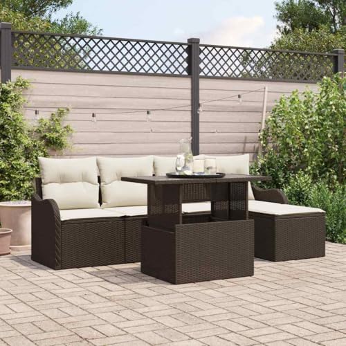 Garten-Sofa-Set mit Kissen, 6-teilig, Braun Poly Rattan, modular, mit Stauraum für gemütliche Outdoor-Entspannung auf Terrasse & Balkon von Teenpull