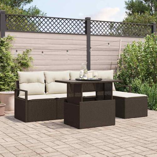 Garten-Sofa-Set mit Kissen, 6-teilig, Braun & Creme, aus Poly-Rattan für Terrasse & Balkon, UV-beständig, modular von Teenpull