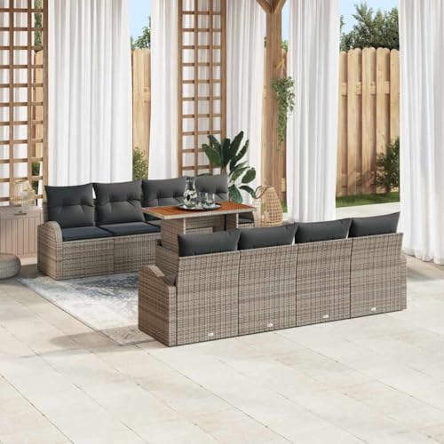 Garten-Sofa-Set mit Kissen, 7-teilig, Grau, Poly-Rattan & Akazienholz, Ecksofa für Terrasse & Garten, UV-beständig, modernes Design von Teenpull