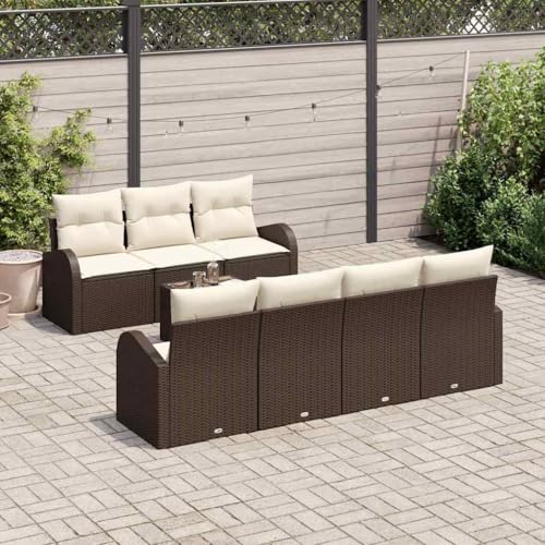 Garten-Sofa-Set mit Kissen, 8-teilig, Braun-Creme Poly Rattan, UV-beständig, 55x55x37 cm für Terrasse & Outdoor von Teenpull