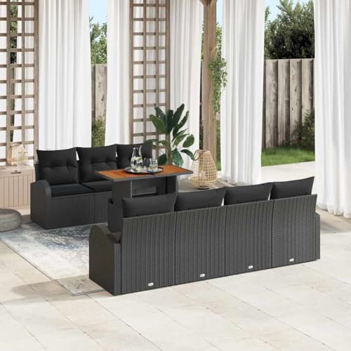 Garten-Sofa-Set mit Kissen, 8-teilig, Schwarz, Poly-Rattan & Stahl, 100x55x73cm, Outdoor Essgruppe für Terrasse & Garten von Teenpull