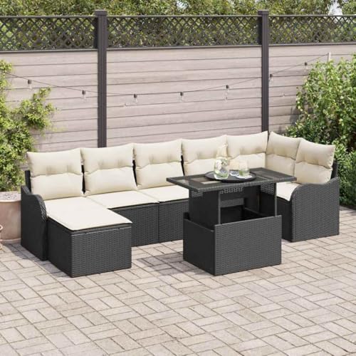 Garten-Sofa-Set mit Kissen, 8-teilig, Schwarz Poly Rattan, Modulares Outdoor Lounge-Möbel für Terrasse, Wetterfestes Sitzgruppe mit Glastisch für 7 Personen von Teenpull