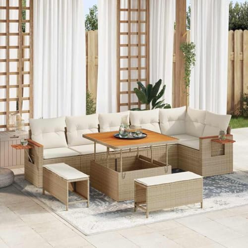 Garten-Sofa-Set mit Kissen, 9-teilig, Beige Poly Rattan, integriertem Stauraum, Ecksofa für Terrasse und Balkon, modernes Lounge-Möbel für den Außenbereich von Teenpull
