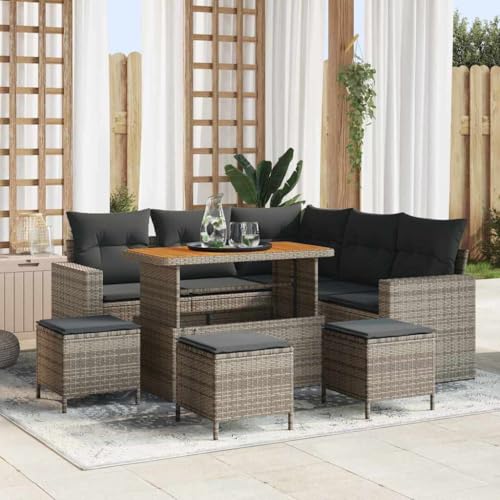 Garten-Sofa-Set mit Kissen, 9-teilig, Grau, Poly-Rattan & Stahl, 110x55x71cm, Modernes Ecksofa für Terrasse & Außenbereich von Teenpull