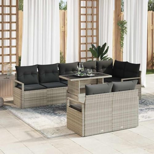 Garten-Sofa-Set mit Kissen, 9-teilig, Hellgrau, 100x55x73 cm, Poly-Rattan & Stahl, modular, wetterfest für Terrasse & Balkon von Teenpull