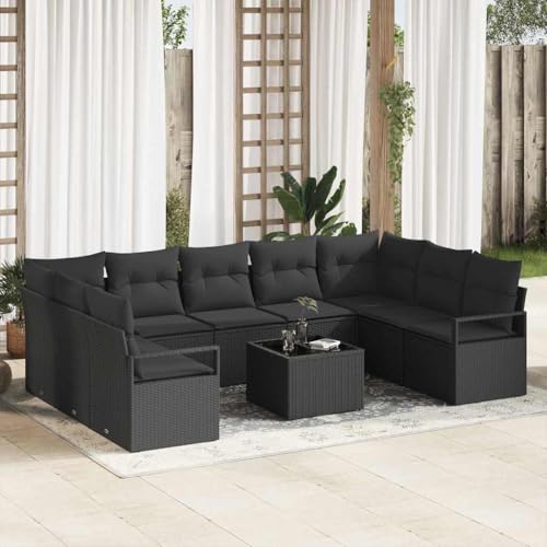 Garten-Sofa-Set mit Kissen, Schwarz, 10-teilig, Modulares Loungeset für Terrasse & Outdoor, UV-beständiges Poly-Rattan mit integriertem Stauraum von Teenpull