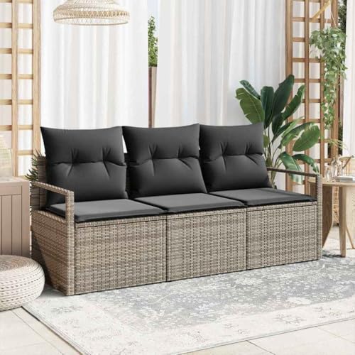 Garten-Sofa-Set mit Kissen, Stauraum und modularem Design, 3-teilig, Grau, wetterfestes Poly-Rattan für Terrasse und Balkon von Teenpull