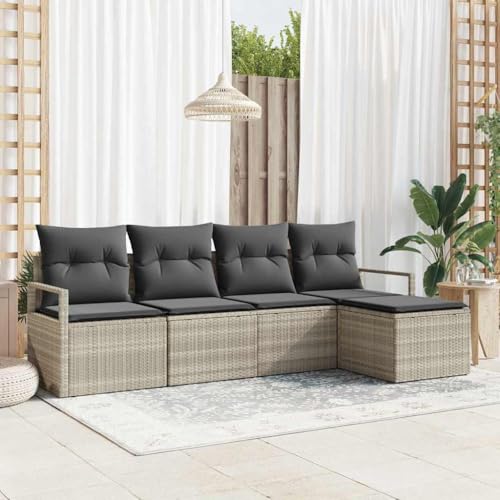 Garten-Sofa-Set mit Kissen, modular, 5-teilig, Hellgrau, Poly-Rattan & pulverbeschichteter Stahl, mit Stauraum für Outdoor & Terrasse von Teenpull