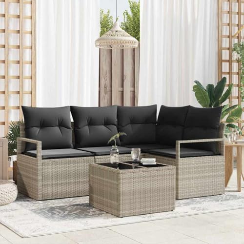 Garten-Sofa-Set mit Kissen, modular, aus Poly-Rattan & Stahl, 5-teilig Hellgrau, mit Stauraum für Balkon Terrasse & Patio von Teenpull