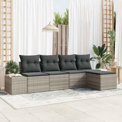 Garten-Sofa-Set mit Kissen, modular, aus hellgrauem Poly-Rattan, mit Stauraum für Terrasse & Balkon, 5-teilig, wetterfest & modern von Teenpull
