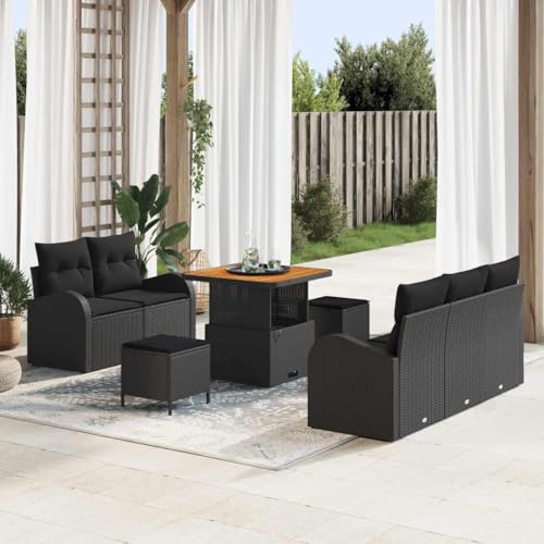 Garten-Sofa-Set mit Kissen 8-teilig Schwarz aus Poly-Rattan & Akazienholz, 80x80x71cm Outdoor Lounge Garnitur für Terrasse & Balkon, modulare Sitzgruppe mit Stauraum von Teenpull