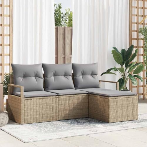 Garten-Sofa-Set modular, 4-teilig, Beige/Hellgrau, Poly-Rattan, pulverbeschichteter Stahl, Flexible Outdoor-Lounge-Möbel für Balkon, Terrasse, Garten, Bequeme Sitzgruppe mit Stauraum von Teenpull