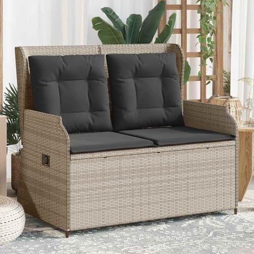 Gartenbank Verstellbar mit Kissen Hellgrau Poly Rattan, Komfortable Outdoor Relaxliege für Garten, Terrasse & Balkon, UV-beständig mit Stahlrahmen, max. 110 kg/Sitz von Teenpull