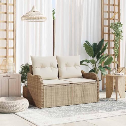 Gartensofa 2-Sitzer, Modernes Poly-Rattan Sofa mit Kissen, Beige, 121x62x69cm, Robustes Outdoor-Möbel für Terrasse & Garten, UV-beständig von Teenpull