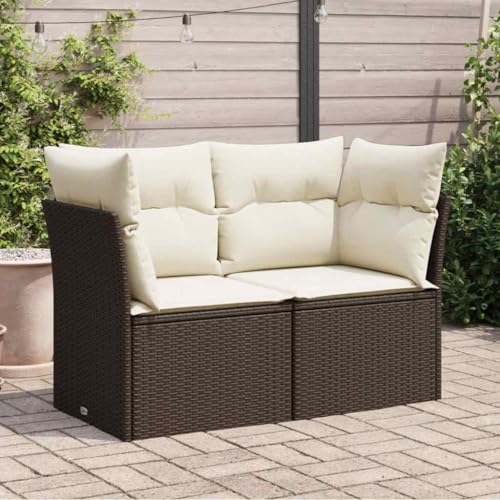 Gartensofa 2-Sitzer Braun, Poly Rattan Lounge Couch mit Cremeweißen Kissen, Modulares Outdoor Patio Set für Terrasse & Balkon von Teenpull
