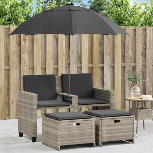 Gartensofa 2-Sitzer Hellgrau Polyrattan, Outdoor Lounge Set mit Kipp-Sonnenschirm und 2 Hockern, Wetterfestes Terrassenmöbel für Garten & Balkon von Teenpull