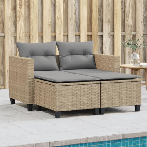 Gartensofa 2-Sitzer Set mit bequemen Hockern, UV-beständigem beigem Poly Rattan und waschbaren Kissen, für Terrasse, Balkon und Garten Gartensofa 2-Sitzer Set mit bequemen Hockern, UV-beständigem beigem Poly Rattan und waschbaren Kissen, für Terrasse, Balkon und Garten von Teenpull