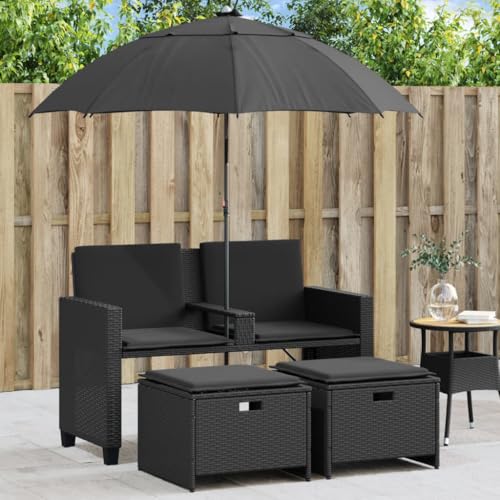 Gartensofa 2-Sitzer mit Sonnenschirm und Hockern, Schwarz Poly-Rattan Outdoor-Möbel-Set, wetterfestes Lounge-Sofa für Garten, Terrasse und Balkon, Bequeme Sitzgruppe von Teenpull