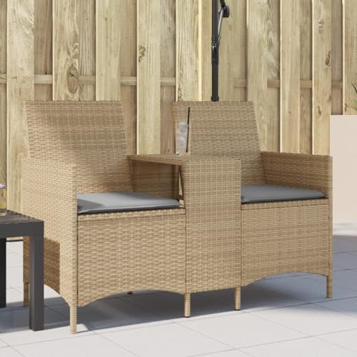 Gartensofa 2-Sitzer mit integriertem Tisch und Kissen, Beige Poly Rattan, UV-beständig, wetterfest für Terrasse, Balkon, Garten, pflegeleicht von Teenpull
