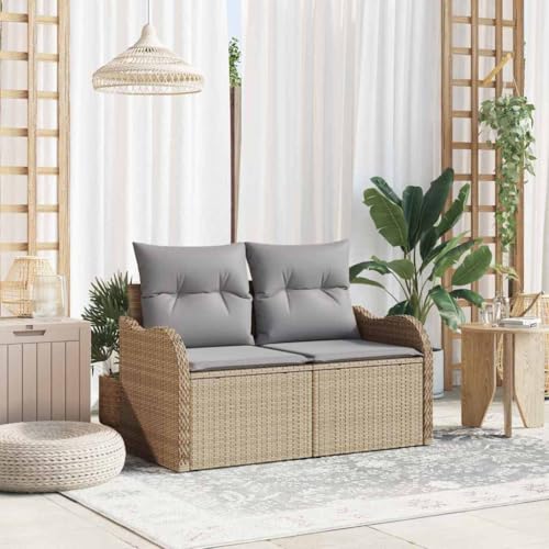 Gartensofa mit Kissen Beige, 121x62x69cm Poly-Rattan Outdoor Sofa für Terrasse & Garten, Robustes Loungemöbel Set für 2 Personen von Teenpull