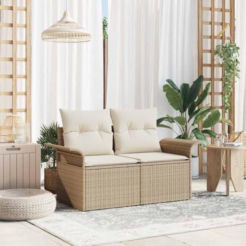 Gartensofa mit beigen Kissen, robustem Poly-Rattan, 141x62x69cm, 2-Sitzer für Terrasse, Balkon, Garten, langlebiges Outdoor-Möbel für entspanntes Sitzen von Teenpull