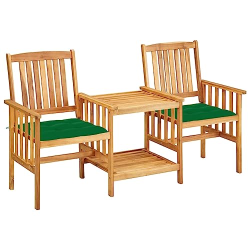 Gartenstühle Akazie Massivholz mit Teetisch, 2er-Sitzbank, Grün Kissen, Outdoor Balkon Möbel Set, Patio Bistro Sitzgruppe von Teenpull