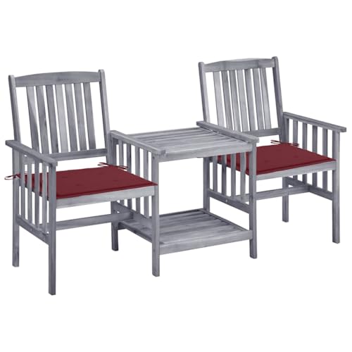 Gartenstühle Massivholz Akazie Grau mit Teetisch und Weinroten Kissen, Robustes Outdoor Möbel Set für Terrasse, Balkon und Garten von Teenpull