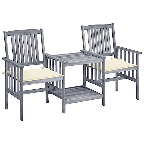 Gartenstühle mit Teetisch, Akazien-Massivholz, Grau, Kissen Cremeweiß, Outdoor Möbel Set, Balkon & Terrasse, 159x61x92cm von Teenpull