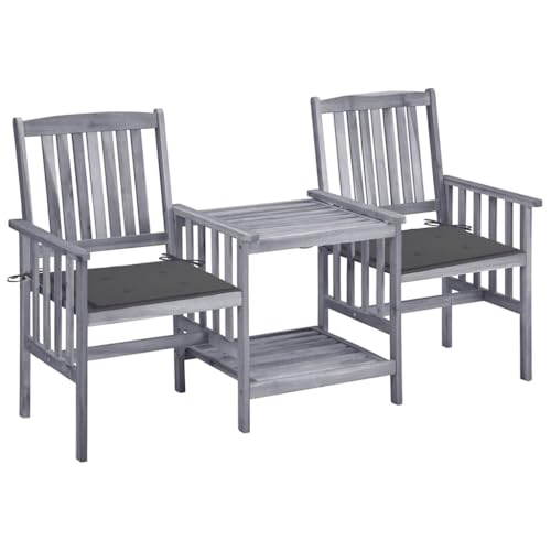 Gartenstühle mit Teetisch, Akazien-Massivholz Grau, 159x61x92cm, Inklusive Anthrazit Kissen, Robustes Outdoor Möbel Set für Terrasse, Balkon, Garten von Teenpull