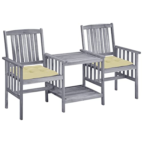 Gartenstühle mit Teetisch, Kissen, Akazie Massivholz Grau, Outdoor Set für Terrasse, Balkon, Garten, bequemes Sitzmöbel von Teenpull