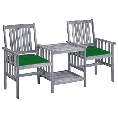 Gartenstühle mit Teetisch, Kissen, Akazien-Massivholz, Grau, 159x61x92 cm, 2-Sitzer Outdoor Set für Terrasse, Balkon, Garten, bequemes Patio Möbelstück von Teenpull
