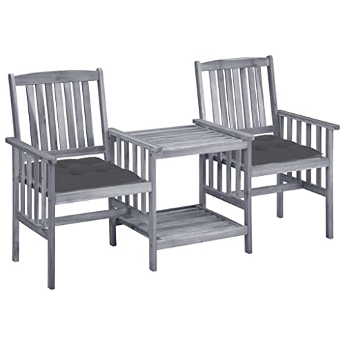Gartenstühle mit Teetisch, Kissen, Akazien-Massivholz, Grau, Anthrazit, 159x61x92cm, Outdoor-Möbel Set für Terrasse, Balkon, Garten von Teenpull