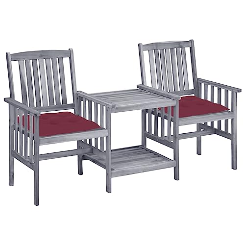 Gartenstühle mit Teetisch, Kissen, Akazien-Massivholz, Grau, Weinrot, für Terrasse, Balkon, Garten, Robustes Outdoor-Möbel-Set für entspannte Stunden von Teenpull
