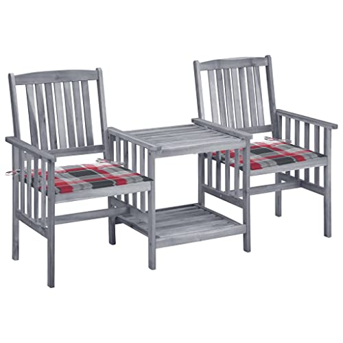 Gartenstühle mit Teetisch und Kissen, Massivholz Akazie Grau, 159x61x92cm, Robustes Outdoor-Set für Terrasse und Balkon, inklusive bequemer Polster von Teenpull