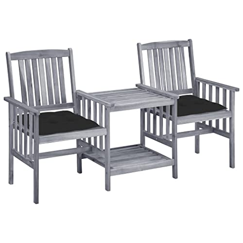 Gartenstühle mit Teetisch und Kissen aus massivem Akazienholz, Grau, für Terrasse und Balkon, 159x61x92 cm Outdoor Möbel Set von Teenpull