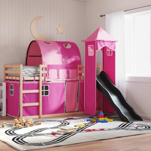Kinder Hochbett mit Rutsche und Vorhängen, Robustes Kiefernholz-Etagenbett für 90x190 cm Matratze, Rosa Design Bettrahmen mit Spielturm und Tunnel von Teenpull