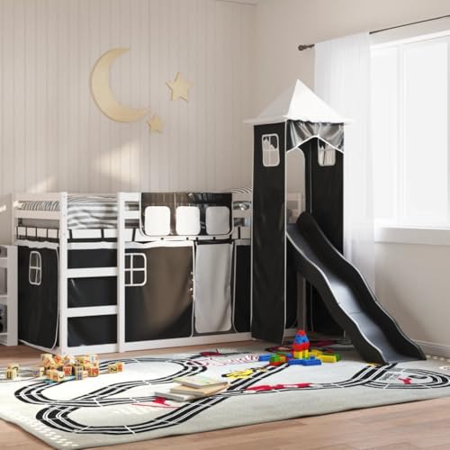 Massivholz Hochbett mit Rutsche, Weiß Schwarz, 90x190 cm für Kinderzimmer, sicherer Bettrahmen inkl. Gardinen, stabiles Kiefer Bett für Spiel & Schlaf, Kinder Betten Möbel Massivholz Hochbett mit Rutsche, Weiß Schwarz, 90x190 cm für Kinderzimmer, sicherer Bettrahmen inkl. Gardinen, stabiles Kiefer Bett für Spiel & Schlaf, Kinder Betten Möbel von Teenpull