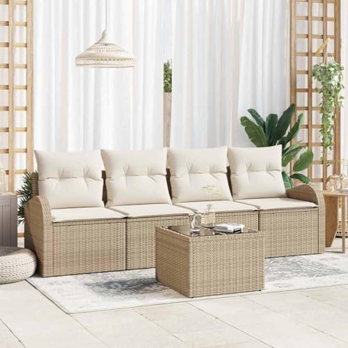 Modernes 5-teiliges Garten-Sofa-Set aus beigem Poly Rattan, wetterfest für Terrasse & Balkon, mit Glas-Tischplatte & bequemen Kissen, 55 x 55 x 37 cm von Teenpull