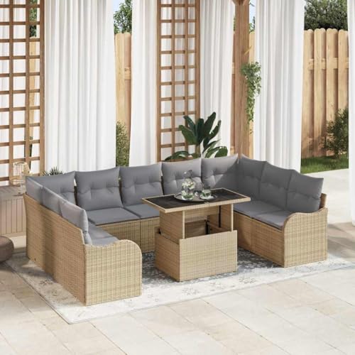 Modernes Garten-Sofa-Set, 10-teilig, Beige, aus UV-beständigem Poly Rattan, 100 x 55 x 73 cm, modulares Outdoor-Möbel für Terrasse und Balkon, Bequeme Sitzgruppe von Teenpull