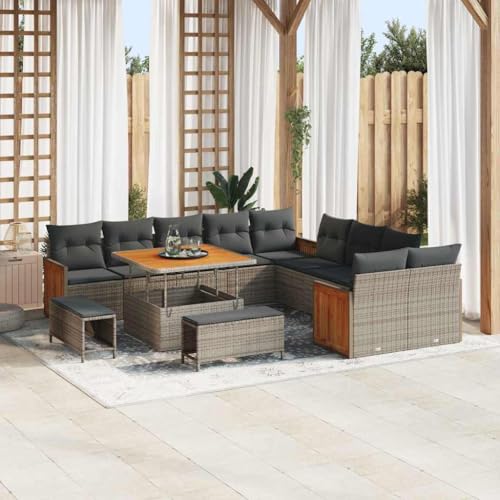 Modernes Garten-Sofa-Set aus Poly-Rattan & Akazienholz, 13-teilig, Grau Dunkelgrau, Outdoor-Sitzgruppe für Terrasse & Garten, 100x100x71 cm von Teenpull